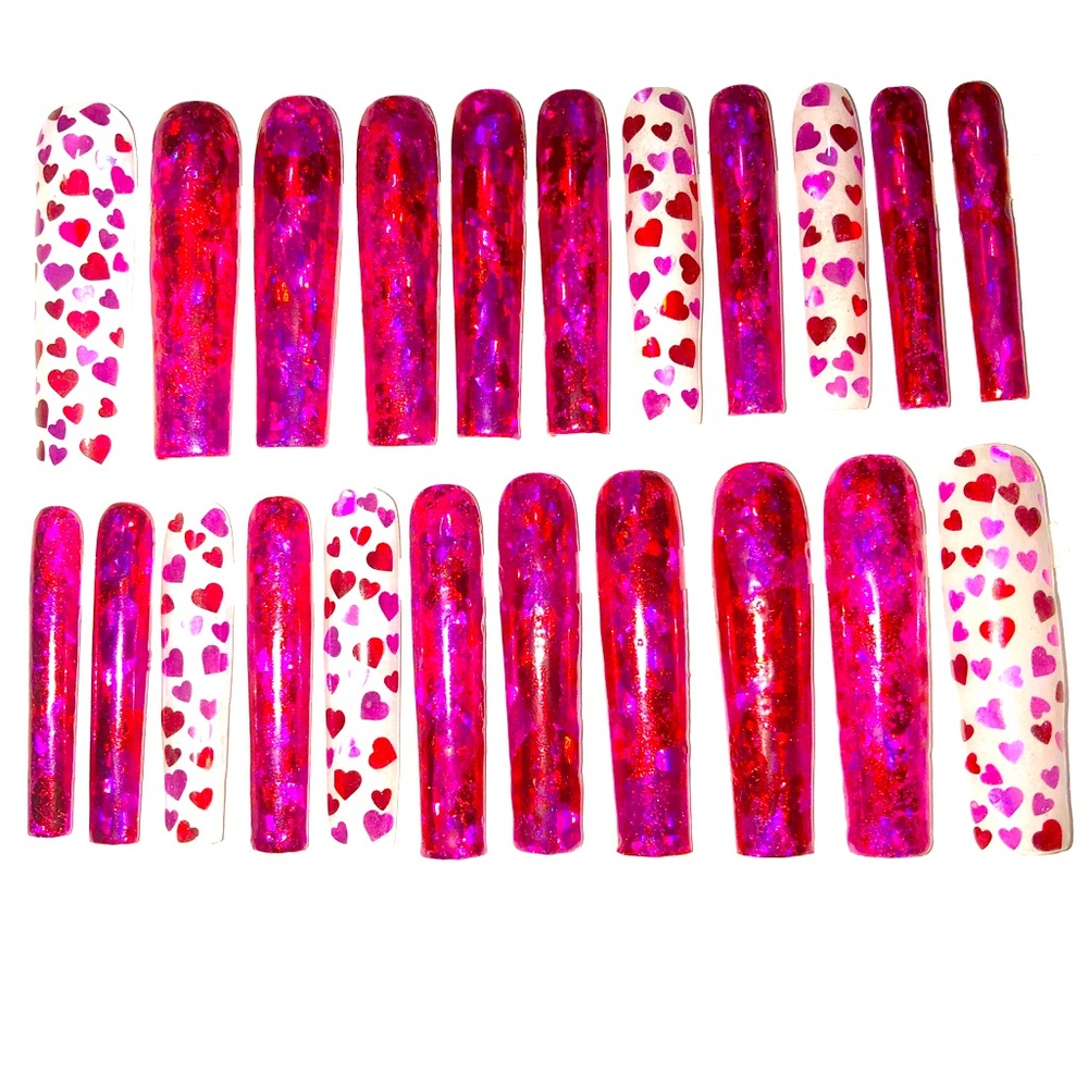 Custom Pro Press On Nails 3X Long Square Love Pink Red Hologram Valentines Nails